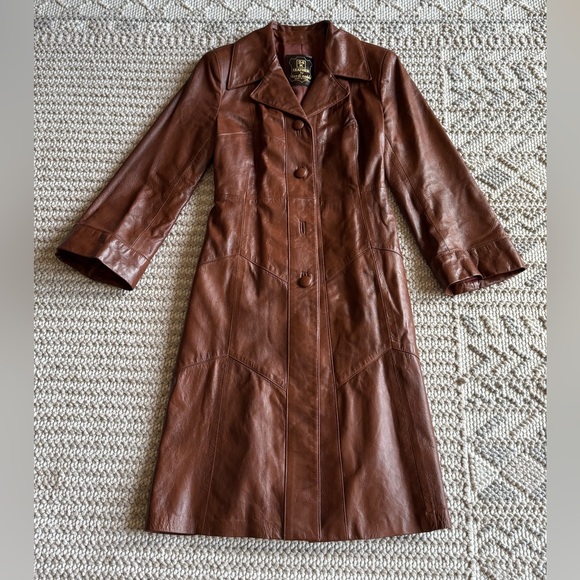 Vintage Rare 24K By Dan Di Modes Brown Leather Belted Trench Coat Fall - Picture 2 of 16